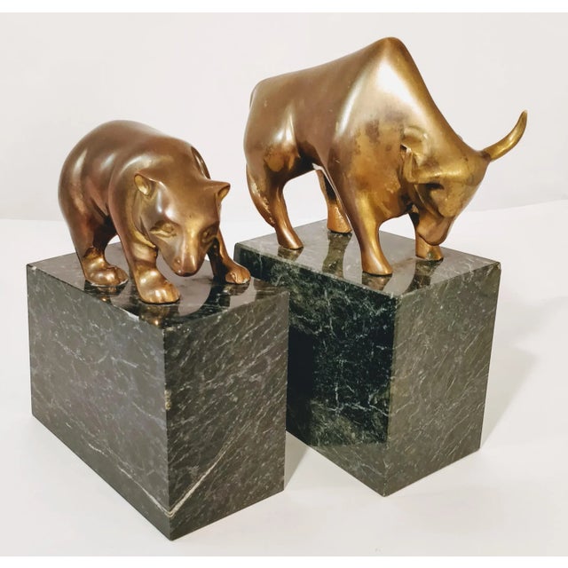 Brass Mid Century Brass Marble Bulls and Bears Stock Market Bookends For Sale - Image 8 of 10