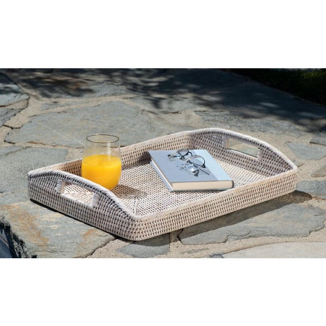 Wood Artifacts Rattan Rectangular Serving Tray with High Handles in White Wash - 21" For Sale - Image 7 of 9