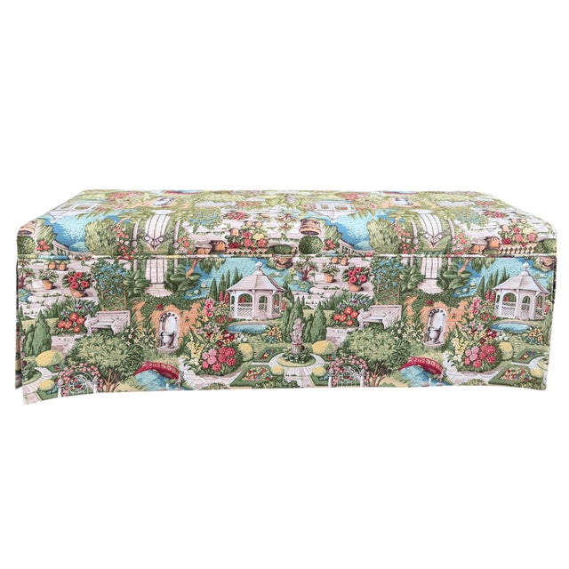 A versatile skirted Parsons bench upholstered in a classic English garden landscape fabric designed by Sharon Kessler. The...