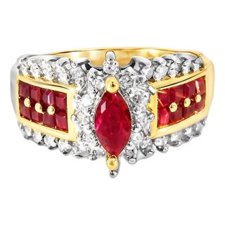Late 20th Century Size 7.75 14K Yellow Gold Diamond Ruby Marquise Band Ring For Sale