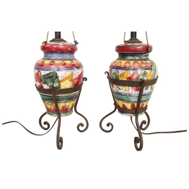 Rustic European Antique Italian Majolica Table Lamps - a Pair For Sale - Image 3 of 11