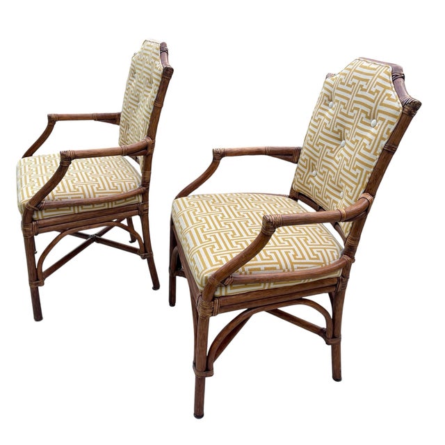 Traditional Palecek Pavilion Rattan Arm Chair Set, a Pair, Custom Greek Key Upholstery For Sale - Image 3 of 12