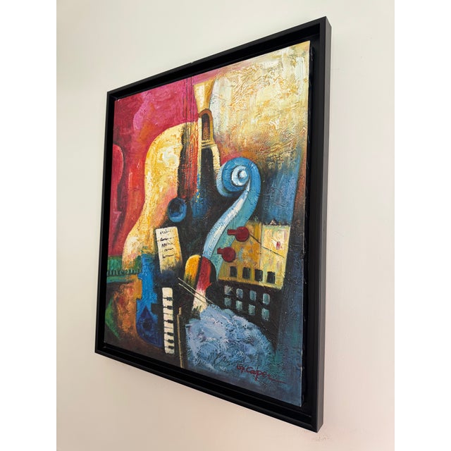 A striking and heavily textured original modern acrylic painting celebrating cubist abstraction and lyrical musical form....