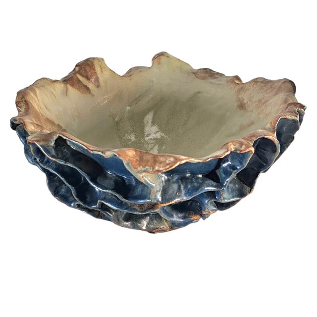 Rustic Studio Art Pottery Sculptural Ruffled Bowl, Brutalist Handcrafted Ceramic 13.5" For Sale - Image 3 of 12