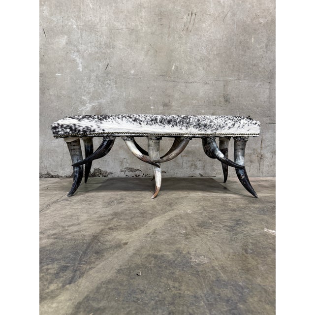 1970s 1970s Steer Horn Bench Cowhide Seat Nailhead Western Ranch Longhorn Speckled 48in For Sale - Image 5 of 12