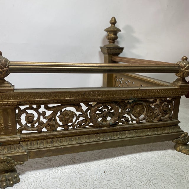 Antique Grecian War Scened Floral Pierced Claw Foot Brass Fireplace Fender For Sale - Image 9 of 13