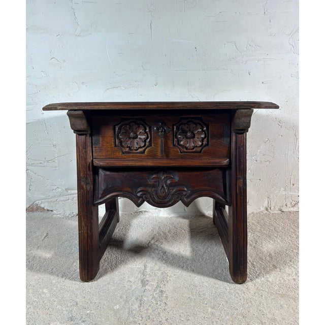 Spanish Castilian Carved Wood Side Table with Iron Hardware, Early 20th Century For Sale - Image 14 of 14