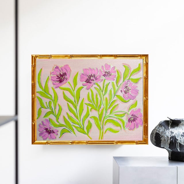 2020s Original Framed Peony Garden Painting Pink Green Floral Wall Art Acrylic Oil on Canvas in Gold Bamboo Frame, 16x20 Botanical Boho Home Decor For Sale - Image 5 of 5