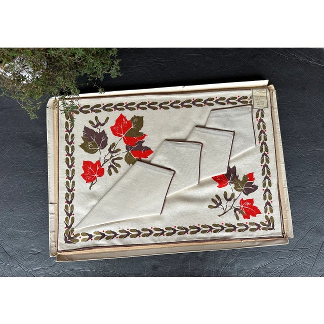 This vintage linen placemat and napkin set for four is perfect for setting an autumn luncheon or brunch dining table. The...