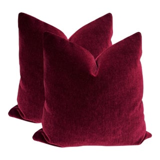 Large 24" Burgundy Mohair Pillows - A Pair For Sale
