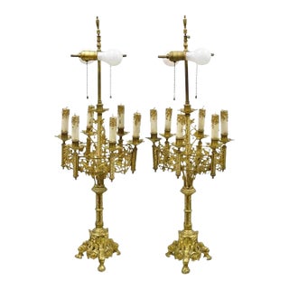 Antique Gothic Revival Gold Bronze Figural Candelabra Table Lamps - A Pair For Sale