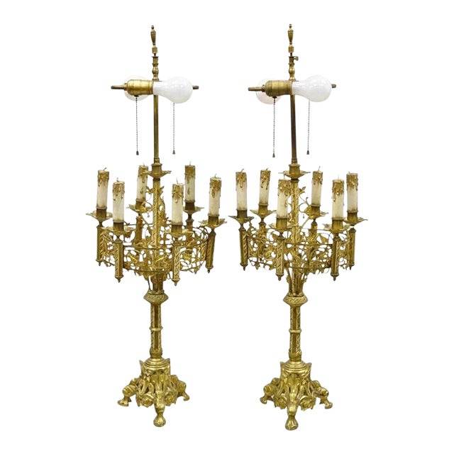 Antique Gothic Revival Gold Bronze Figural Candelabra Table Lamps - A Pair For Sale