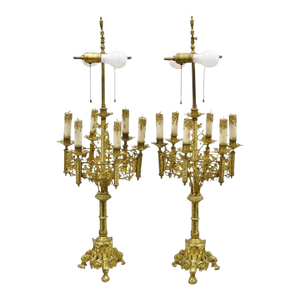 Antique Gothic Revival Gold Bronze Figural Candelabra Table Lamps - A Pair