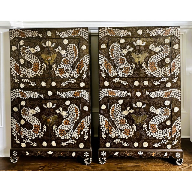 Early 20th Century Pair of Korean Lacquer Wood Stacking Nong Cabinets with Striking Inlays For Sale - Image 5 of 12