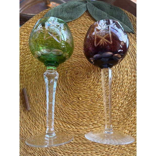 Emerald 1950s Cut-to-Clear Vintage Crystal Wine Hocks Emerald & Cranberry - a Pair For Sale - Image 8 of 8