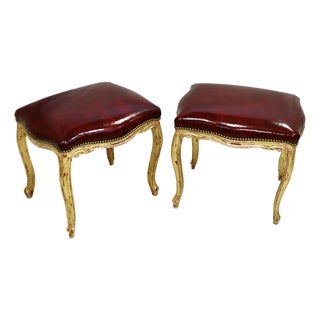 Vintage French Louis XV Ottoman or Stool Ox Blood Red Italian Leather - A Pair For Sale