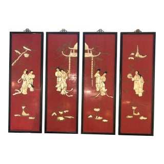Red Chinoiserie Panels With Mother of Pearl Relief -Set of 4 For Sale