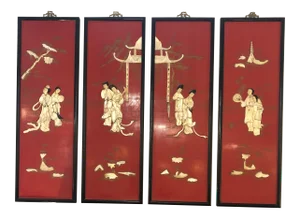 Red Chinoiserie Panels With Mother of Pearl Relief -Set of 4