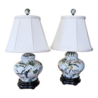 Vintage Chinoiserie Porcelain Bird & Floral Table Lamps With Shades - a Pair For Sale
