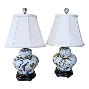 Vintage Chinoiserie Porcelain Bird & Floral Table Lamps With Shades - a Pair