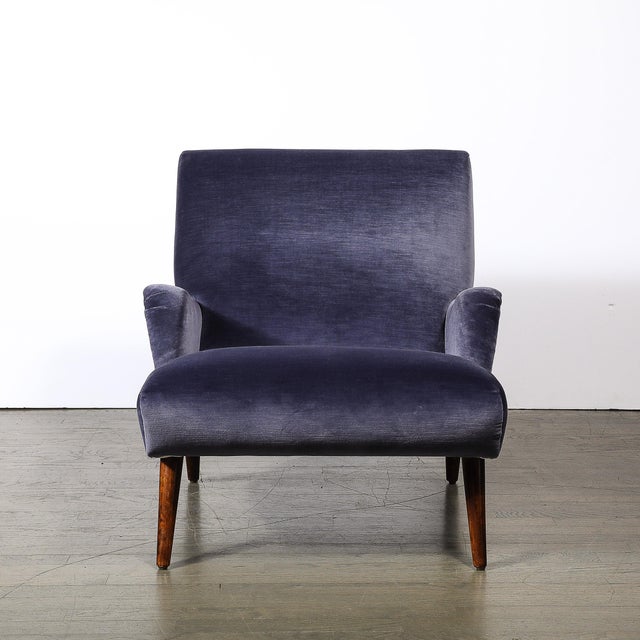 Mid-Century Lounge Chair & Ottoman in Aubergine Velvet & Tapered Walnut Supports For Sale - Image 10 of 17