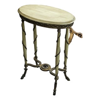 1990s Whimsical Garden – French-Inspired Oval Side Table With Sage Green Finish, Sculptural Legs & Ornamental Details For Sale