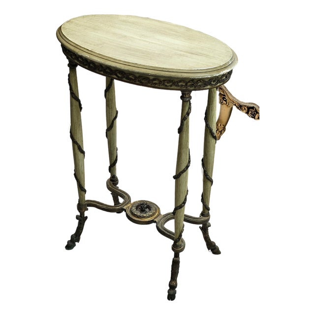 1990s Whimsical Garden – French-Inspired Oval Side Table With Sage Green Finish, Sculptural Legs & Ornamental Details For Sale
