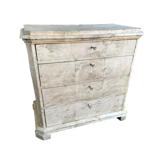 Small Biedermeier chest of drawers hand-made in Denmark in the early 1800s using maple and pine and decorated with maple...