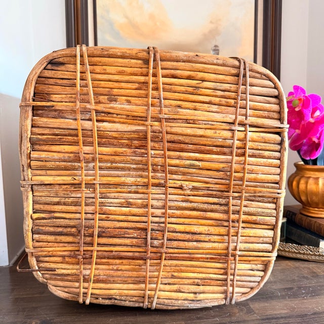 Camel Oversized Gabriella Crespi Style Brass Trim Rattan Storage Basket For Sale - Image 8 of 9