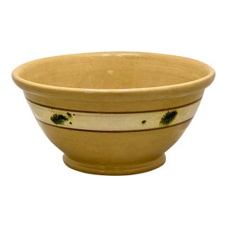 Large Size Antique Green Seaweed Decorated & Banded Yellow Ware Kitchen Mixing Bowl Circa Late 19th Century For Sale