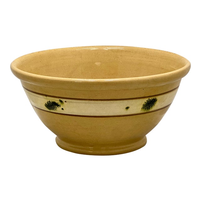 Large Size Antique Green Seaweed Decorated & Banded Yellow Ware Kitchen Mixing Bowl Circa Late 19th Century For Sale