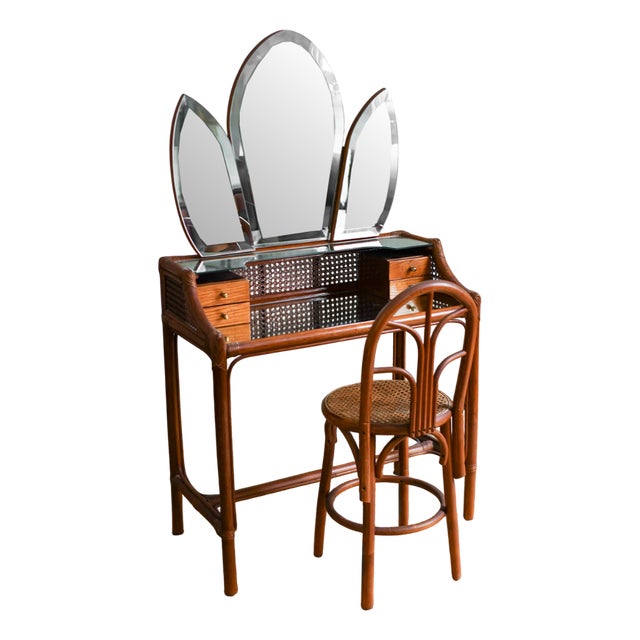 Mid-Century Vanity & Chair in with Brass Details and Side-Panel Mirrors, 1950s, Set of 2 For Sale