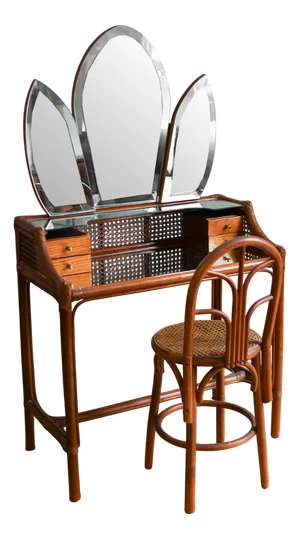 Mid-Century Vanity & Chair in with Brass Details and Side-Panel Mirrors, 1950s, Set of 2