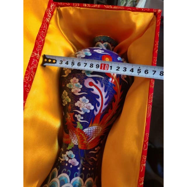 Metal Vintage Cloisonné Enamel Meiping Vase – Dragon & Phoenix Motif, With Box & Stand For Sale - Image 7 of 9