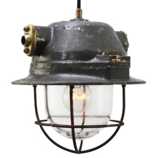 Vintage Industrial Pendant Lamps in Gray Metal, Brass and Clear Glass from EMD, France For Sale