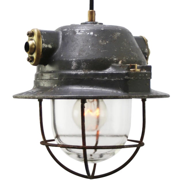Vintage Industrial Pendant Lamps in Gray Metal, Brass and Clear Glass from EMD, France For Sale