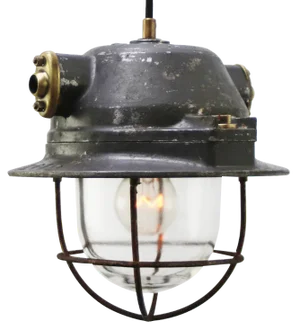 Vintage Industrial Pendant Lamps in Gray Metal, Brass and Clear Glass from EMD, France
