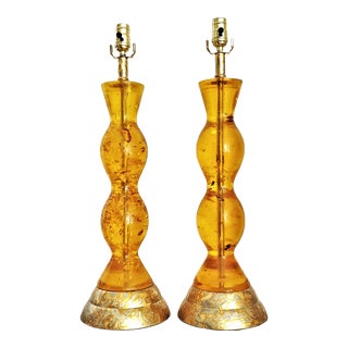 Restored Vintage Amber Lucite Table Lamps With Gold Leaf Bases and Finials For Sale