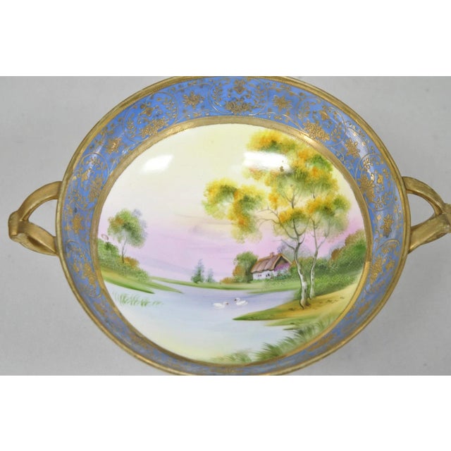 Victorian Early 20th Century Nippon Hand Painted Porcelain Blue Centerpiece Compote Bowl W/ Cottage & Geese For Sale - Image 3 of 18