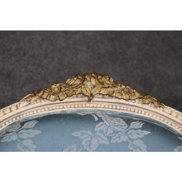 French Carved Painted and Gilded Armchairs Blue Silk - A Pair For Sale In Philadelphia - Image 6 of 12