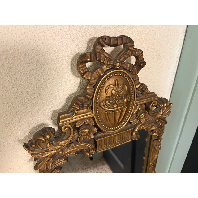 Mid 20th Century Vintage French Louis XVI Style Giltwood Trumeau Mirror With Ribbon Crown & Floral Basket For Sale - Image 5 of 6