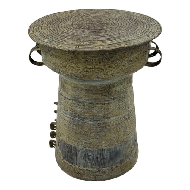 Cast Bronze Rain Drum With Elaborate Detail Patina Finish For Sale