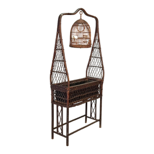Antique Victorian Natural Wicker Planter Garden Box Stand W/ Bird Cage