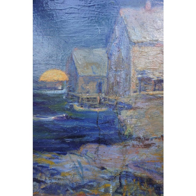 Blue Lucy Scott Bower (1864-1934) Moonlit Harbor Oil on Board For Sale - Image 8 of 13