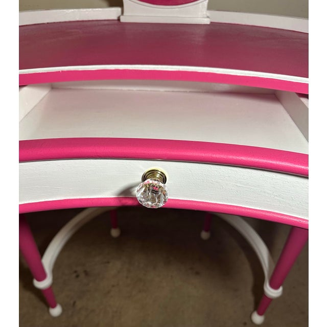 Fully Refurbished & Hand-Painted Whimsical Regency Pink Vanity Set With Swivel Mirror & Custom Leopard Stool – 3 Pieces For Sale - Image 10 of 10