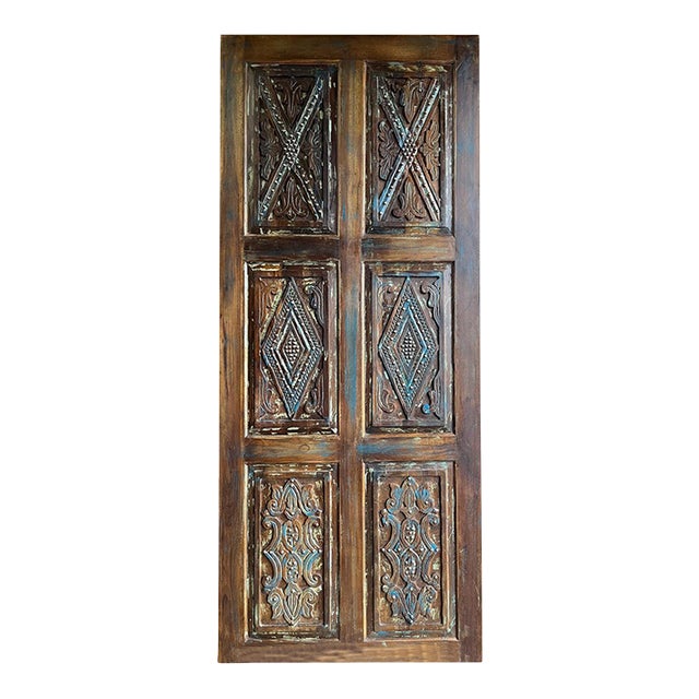 Decorative Carved Wood Door, Statement Door With Brass Studs 84 For Sale