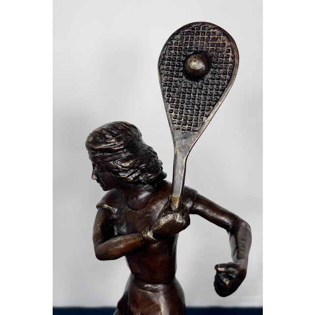 Mid 20th Century Mid Century Modern Solid Cast Brass Tennis Player Statue – Antiqued Patinated Brass Female Athlete Sculpture - Unsigned For Sale - Image 4 of 10