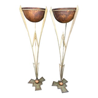 Pair of Iconic Architectural Art Deco Iron Plant Stands With Copper Planter Stands, Circa 1930 Attributed to Warren McArthur For Sale