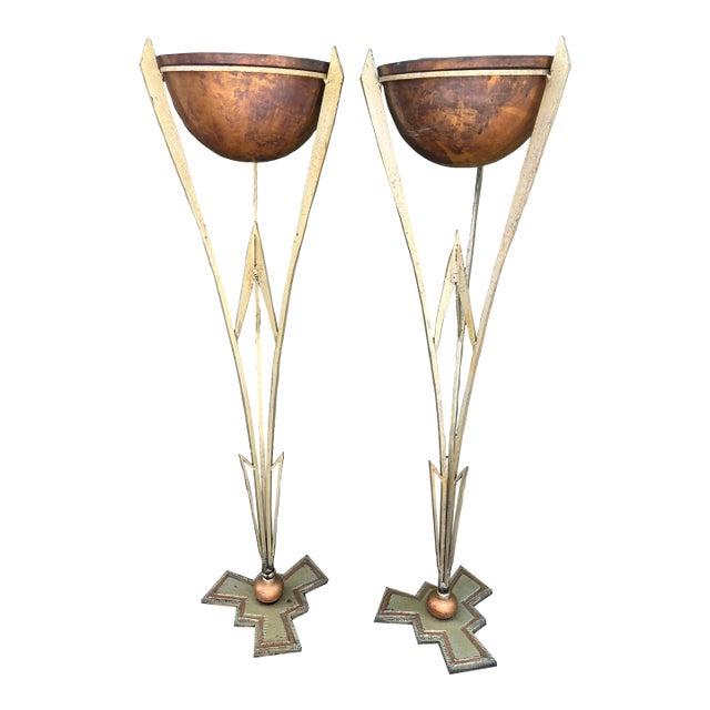 Pair of Iconic Architectural Art Deco Iron Plant Stands With Copper Planter Stands, Circa 1930 Attributed to Warren McArthur For Sale