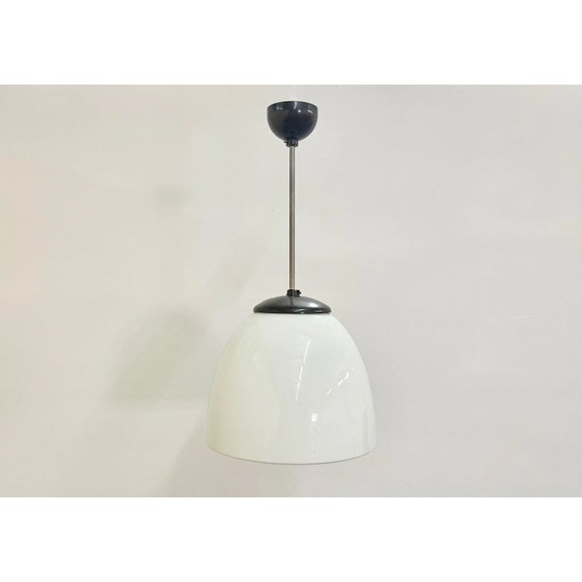 Czech Sunburst White Milk Glass and Bakelite Pendant Lamp from Napako, 1930s For Sale - Image 4 of 10